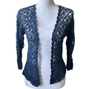 LINK Women Cropped Cardigan Top S Blue Knit Crochet Open Front Boho‎ Cottagecore